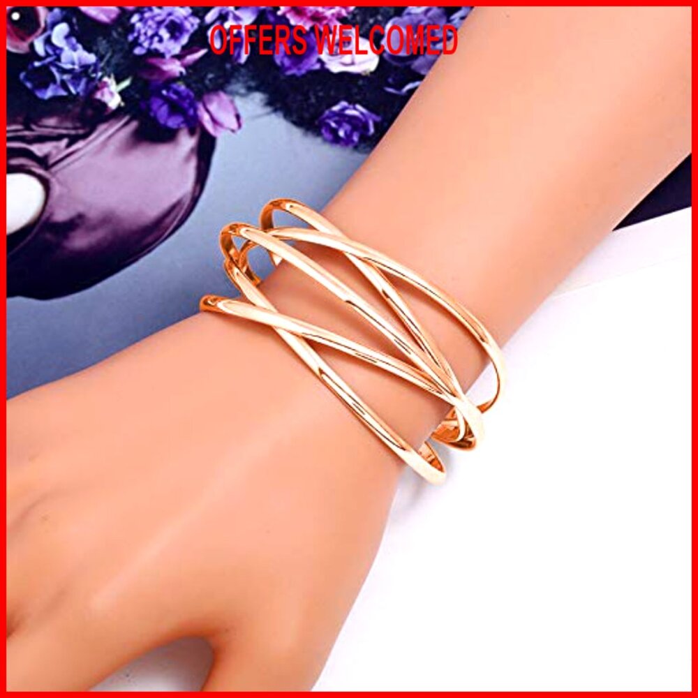 Adjustable Chunky Cuff Bracelet, Multi-Layer Cros… - image 2